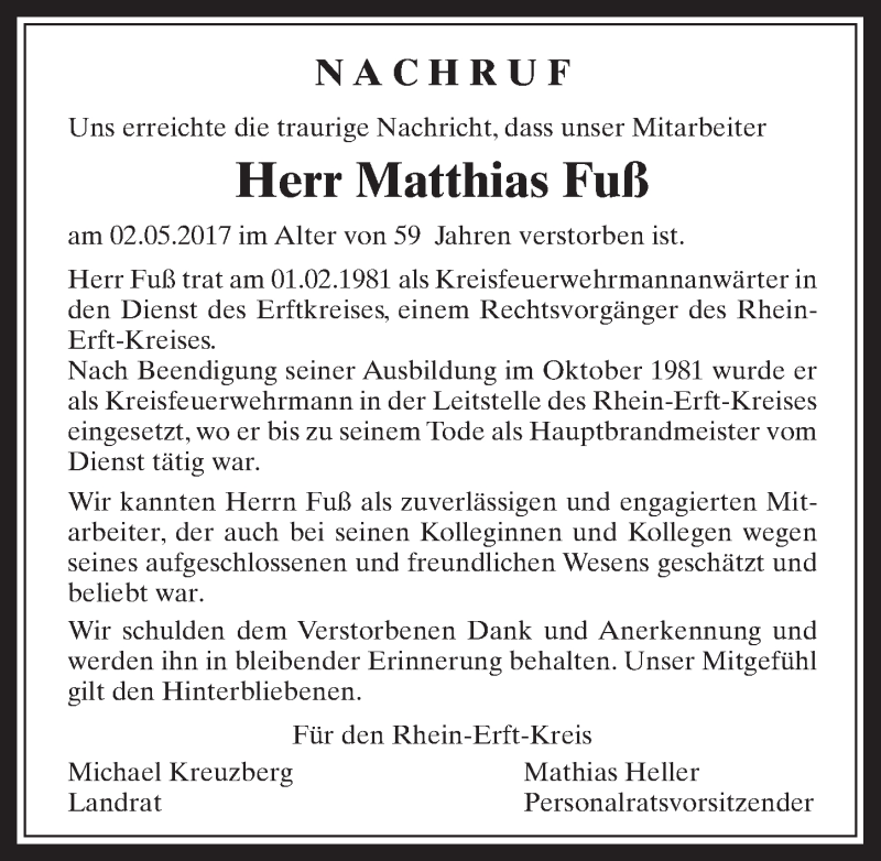  Traueranzeige für Matthias Fuß vom 10.05.2017 aus  Werbepost 