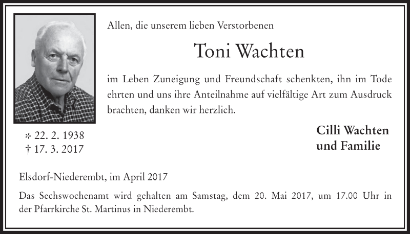 Traueranzeige für Toni Wachten vom 10.05.2017 aus  Werbepost 