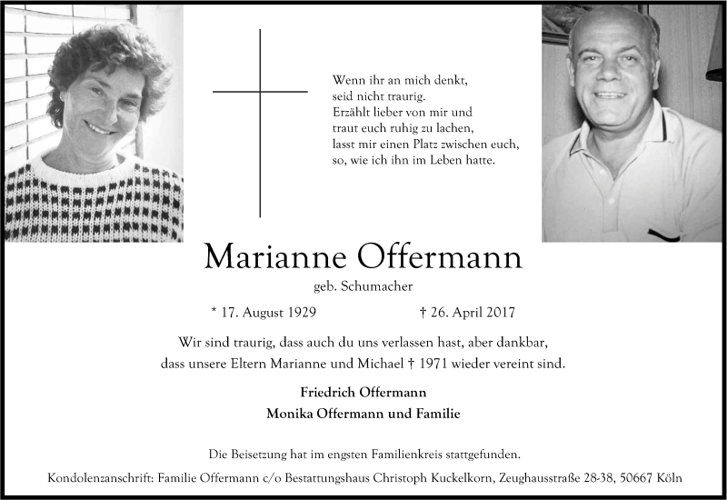  Traueranzeige für Marianne Offermann vom 13.05.2017 aus Kölner Stadt-Anzeiger / Kölnische Rundschau / Express