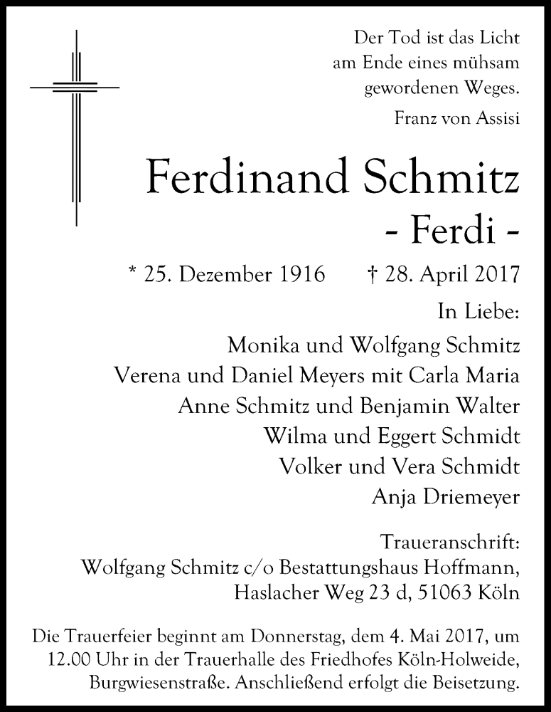  Traueranzeige für Ferdinand Schmitz vom 03.05.2017 aus Kölner Stadt-Anzeiger / Kölnische Rundschau / Express