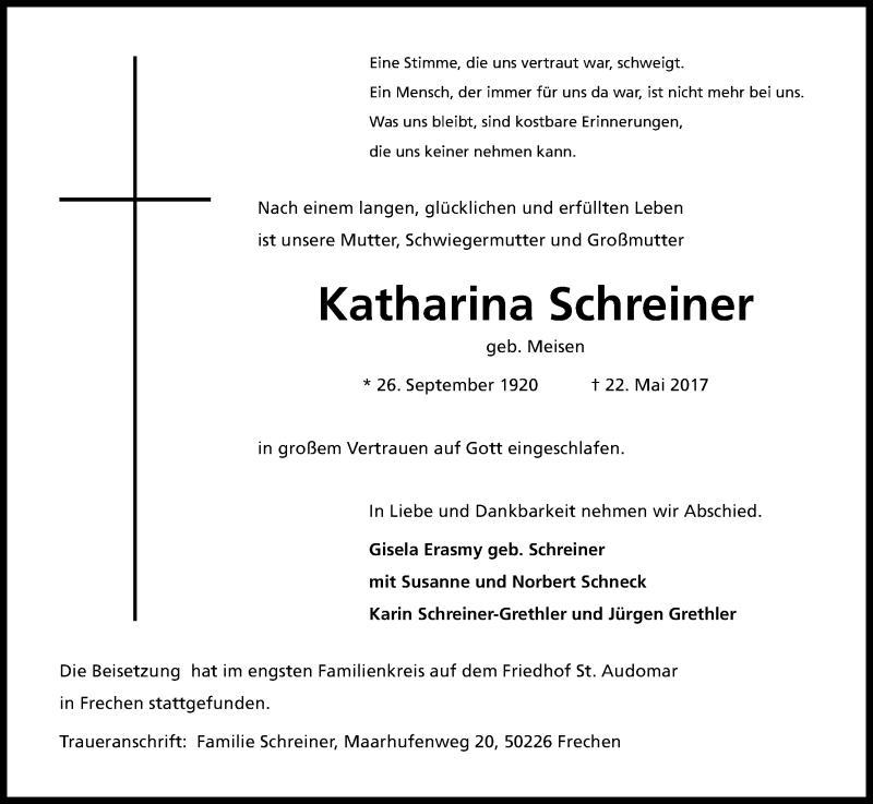  Traueranzeige für Katharina Schreiner vom 27.05.2017 aus Kölner Stadt-Anzeiger / Kölnische Rundschau / Express