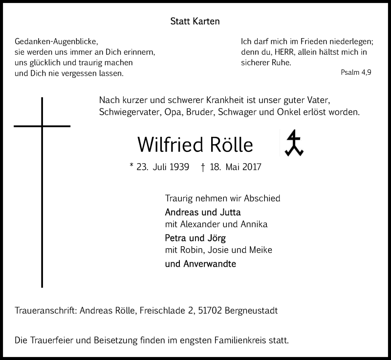  Traueranzeige für Wilfried Rölle vom 23.05.2017 aus Kölner Stadt-Anzeiger / Kölnische Rundschau / Express