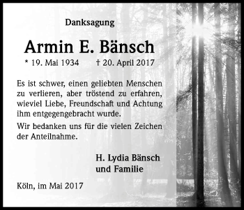Anzeige von Armin E. Bänsch von Kölner Stadt-Anzeiger / Kölnische Rundschau / Express