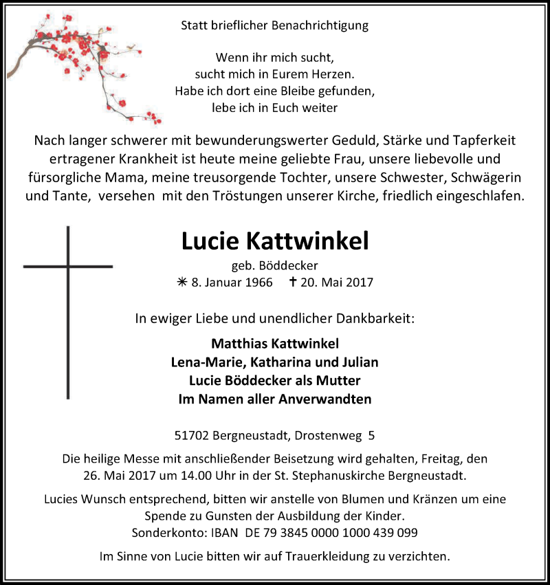  Traueranzeige für Lucie Kattwinkel vom 23.05.2017 aus Kölner Stadt-Anzeiger / Kölnische Rundschau / Express