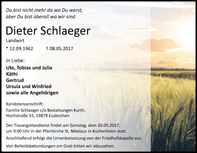  Traueranzeige für Dieter Schlaeger vom 13.05.2017 aus Kölner Stadt-Anzeiger / Kölnische Rundschau / Express