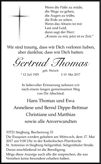 Anzeige von Gertrud Thomas von Kölner Stadt-Anzeiger / Kölnische Rundschau / Express