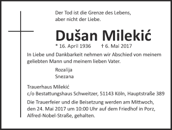 Anzeige von Dušan Milekic von  Kölner Wochenspiegel 