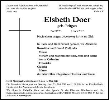 Anzeige von Elsbeth Doer von Kölner Stadt-Anzeiger / Kölnische Rundschau / Express