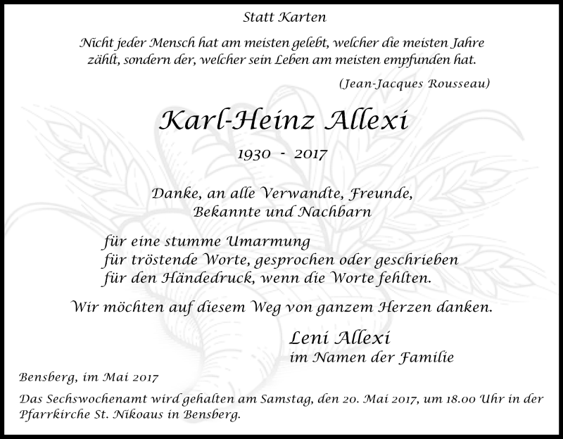 Traueranzeige für Karl-Heinz Allexi vom 13.05.2017 aus Kölner Stadt-Anzeiger / Kölnische Rundschau / Express