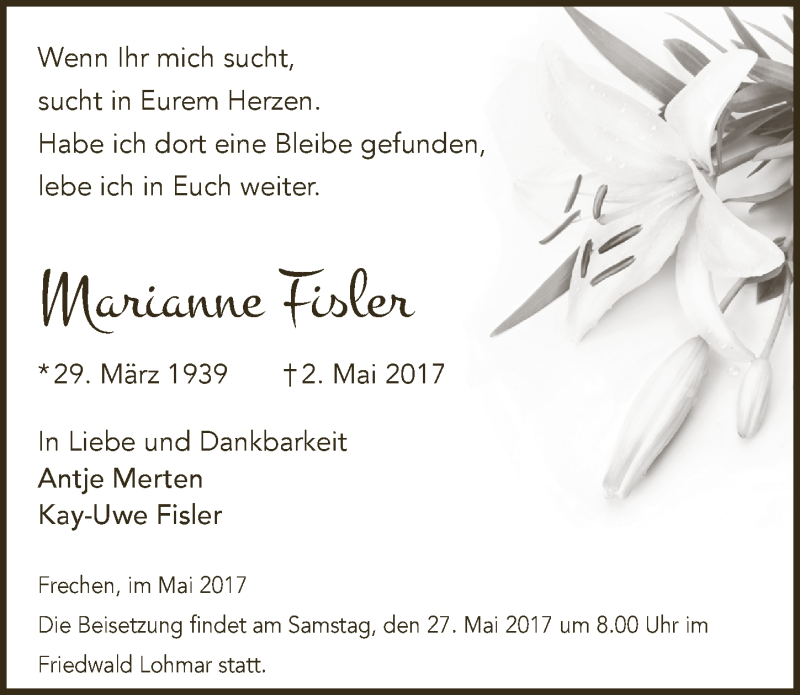  Traueranzeige für Marianne Fisler vom 24.05.2017 aus  Wochenende 