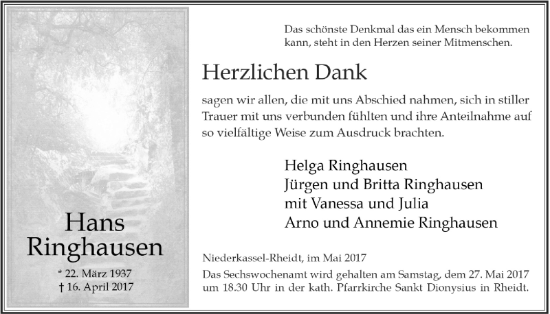  Traueranzeige für Hans Ringhausen vom 17.05.2017 aus  Extra Blatt 
