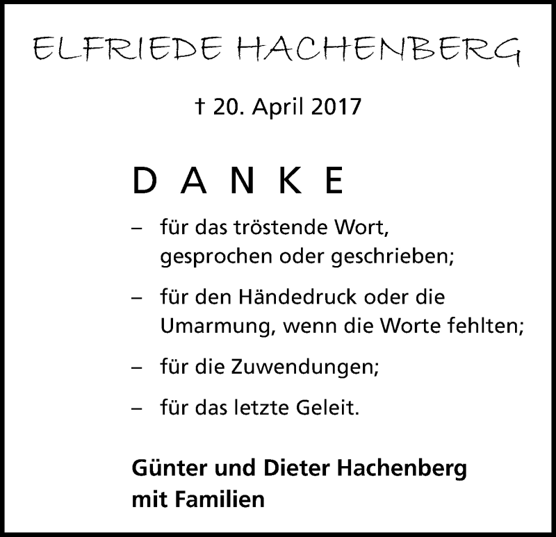  Traueranzeige für Elfriede Hachenberg vom 27.05.2017 aus Kölner Stadt-Anzeiger / Kölnische Rundschau / Express