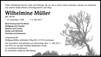 Anzeige von Wilhelmine Müller von Kölner Stadt-Anzeiger / Kölnische Rundschau / Express