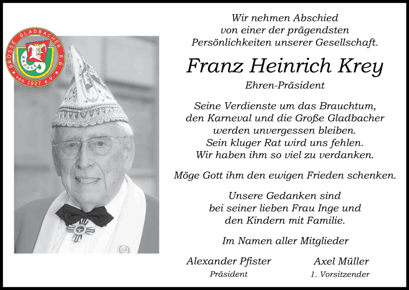  Traueranzeige für Franz Heinrich Krey vom 16.05.2017 aus Kölner Stadt-Anzeiger / Kölnische Rundschau / Express