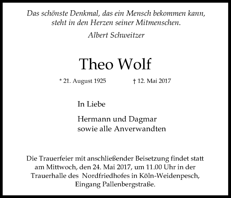  Traueranzeige für Theo Wolf vom 20.05.2017 aus Kölner Stadt-Anzeiger / Kölnische Rundschau / Express