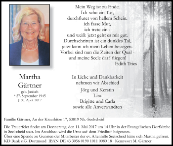 Anzeige von Martha Gärtner von Kölner Stadt-Anzeiger / Kölnische Rundschau / Express