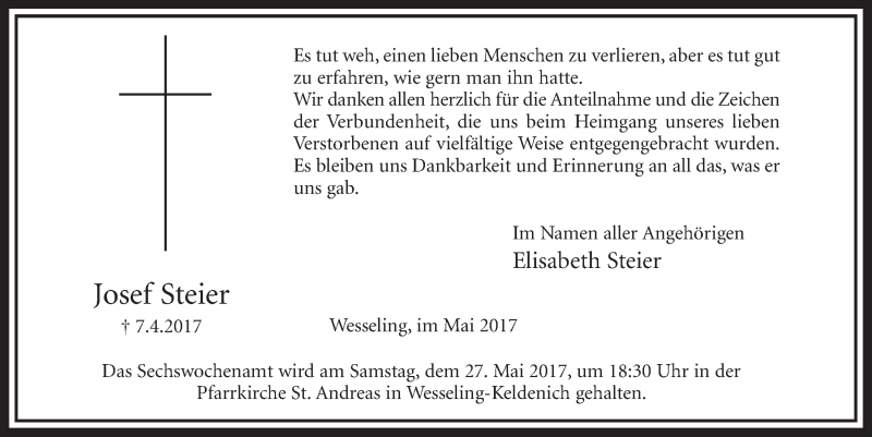  Traueranzeige für Josef Steier vom 17.05.2017 aus  Schlossbote/Werbekurier 