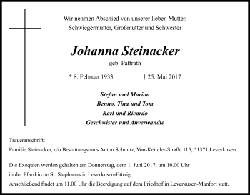 Anzeige von Johanna Steinacker von Kölner Stadt-Anzeiger / Kölnische Rundschau / Express