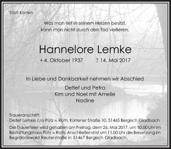 Anzeige von Hannelore Lemke von  Bergisches Handelsblatt 