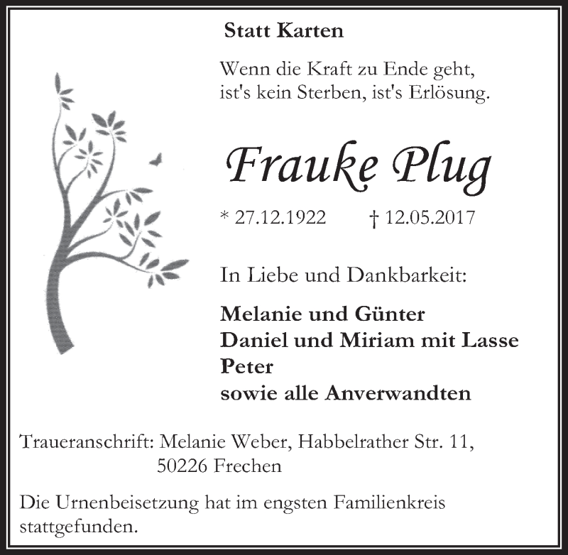  Traueranzeige für Frauke Plug vom 31.05.2017 aus  Wochenende 