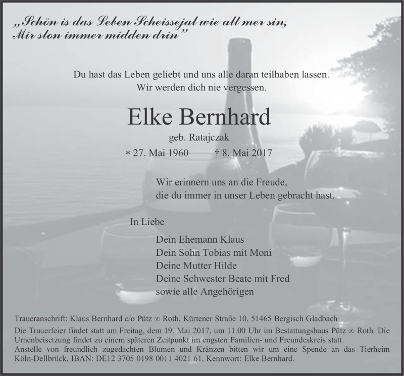  Traueranzeige für Elke Bernhard vom 17.05.2017 aus  Kölner Wochenspiegel 