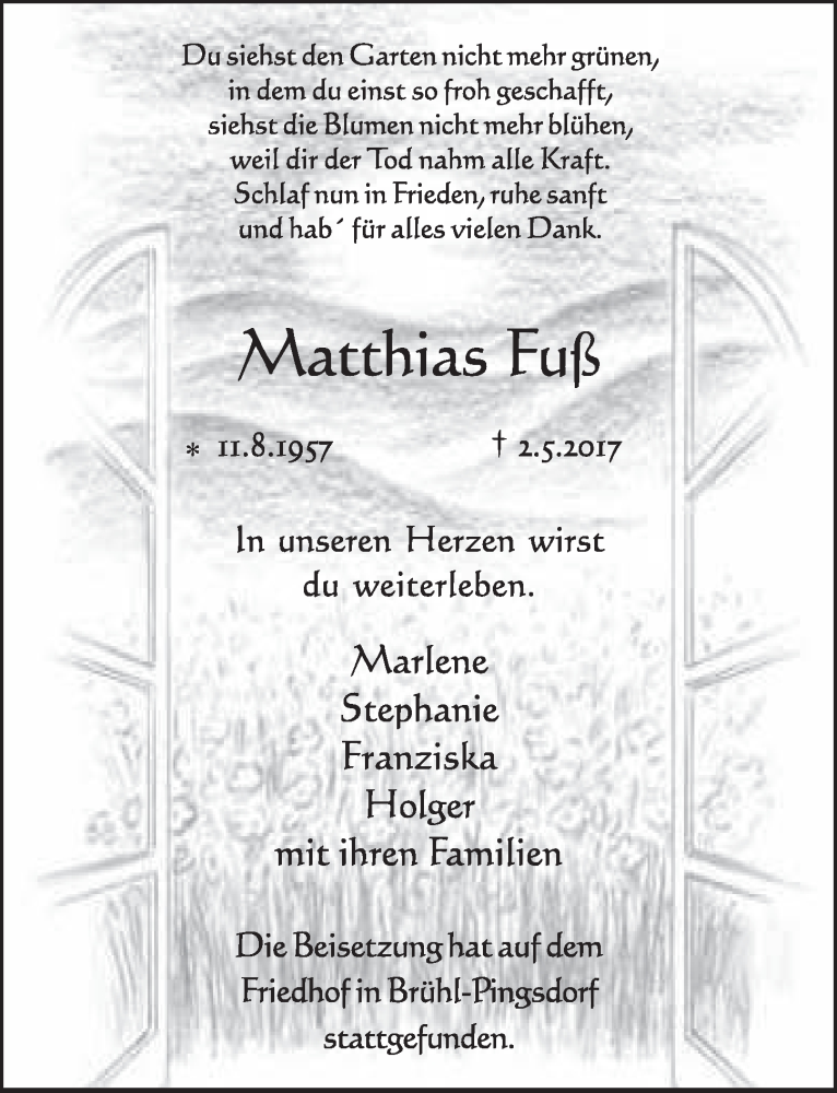  Traueranzeige für Matthias Fuß vom 10.05.2017 aus  Schlossbote/Werbekurier 