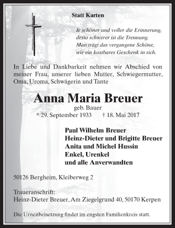 Anzeige von Anna Maria Breuer von  Werbepost 