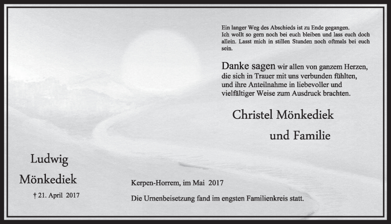  Traueranzeige für Ludwig Mönkediek vom 13.05.2017 aus  Sonntags-Post 