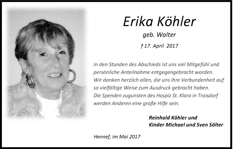  Traueranzeige für Erika Köhler vom 27.05.2017 aus Kölner Stadt-Anzeiger / Kölnische Rundschau / Express