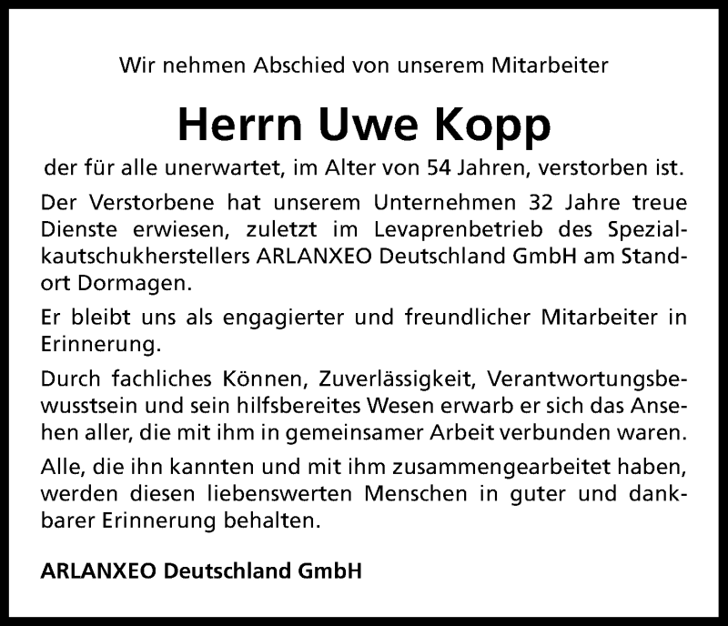  Traueranzeige für Uwe Kopp vom 13.05.2017 aus Kölner Stadt-Anzeiger / Kölnische Rundschau / Express