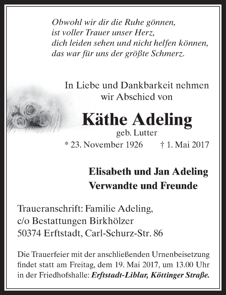 Traueranzeige für Käthe Adeling vom 17.05.2017 aus  Werbepost 