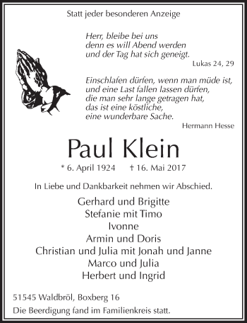 Anzeige von Paul Klein von  Lokalanzeiger 