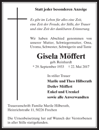 Anzeige von Gisela Möffert von  Wochenende 