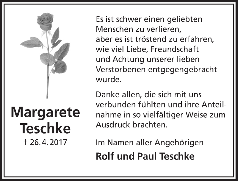  Traueranzeige für Margarete Teschke vom 31.05.2017 aus  Anzeigen Echo 