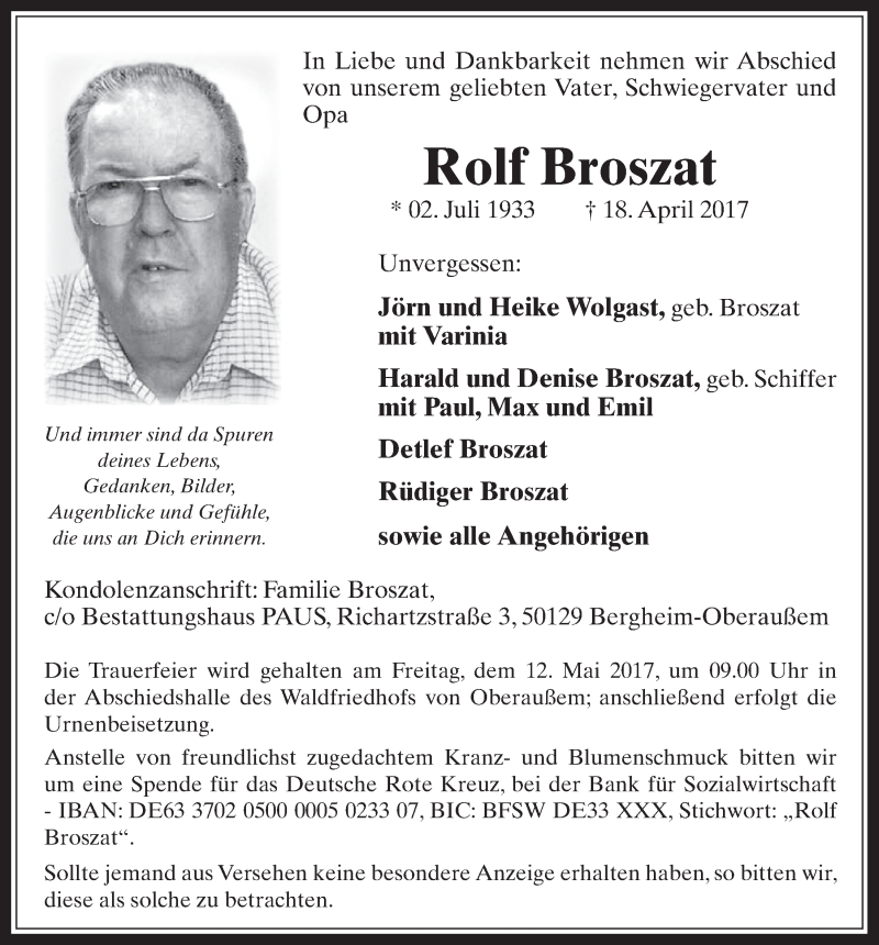 Traueranzeige für Rolf Broszat vom 03.05.2017 aus  Werbepost 