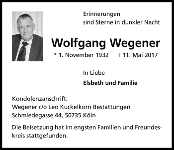 Anzeige von Wolfgang Wegener von Kölner Stadt-Anzeiger / Kölnische Rundschau / Express