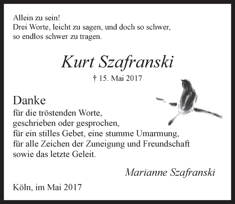  Traueranzeige für Kurt Szafranski vom 31.05.2017 aus  Kölner Wochenspiegel 