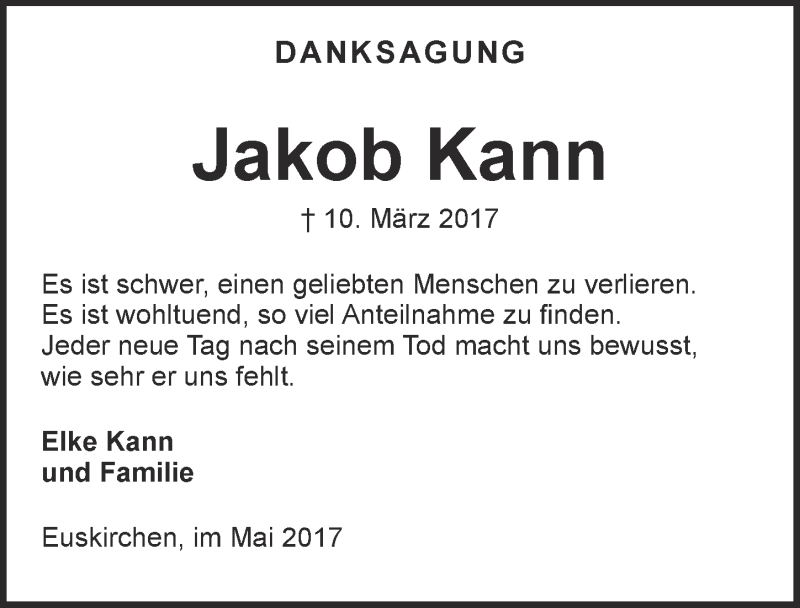  Traueranzeige für Jakob Kann vom 27.05.2017 aus  Blickpunkt Euskirchen 