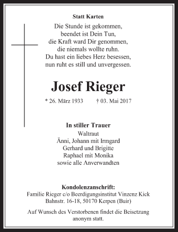 Anzeige von Josef Rieger von  Werbepost 