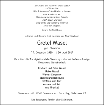 Anzeige von Gretel Wasel von  Anzeigen Echo 