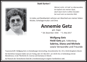 Anzeige von Annemie Getz von  Sonntags-Post 