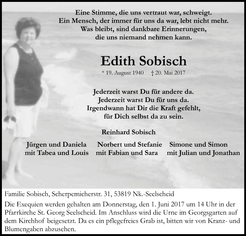  Traueranzeige für Edith Sobisch vom 27.05.2017 aus Kölner Stadt-Anzeiger / Kölnische Rundschau / Express