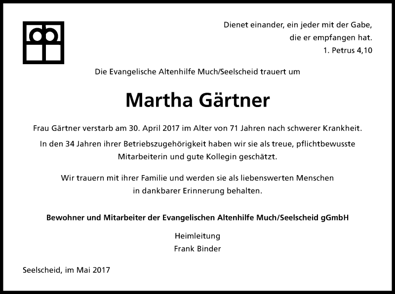  Traueranzeige für Martha Gärtner vom 11.05.2017 aus Kölner Stadt-Anzeiger / Kölnische Rundschau / Express