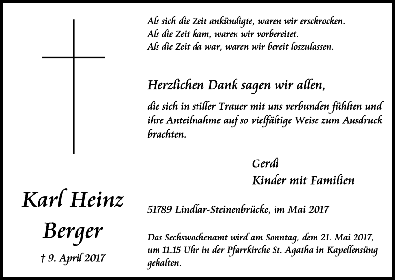  Traueranzeige für Karl Heinz Berger vom 13.05.2017 aus Kölner Stadt-Anzeiger / Kölnische Rundschau / Express