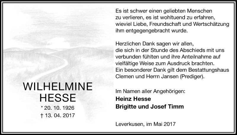  Traueranzeige für Wilhelmine Hesse vom 17.05.2017 aus Kölner Stadt-Anzeiger / Kölnische Rundschau / Express