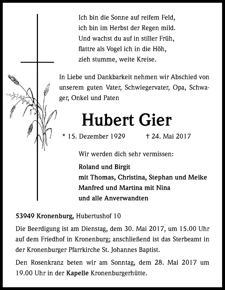  Traueranzeige für Hubert Gier vom 27.05.2017 aus Kölner Stadt-Anzeiger / Kölnische Rundschau / Express