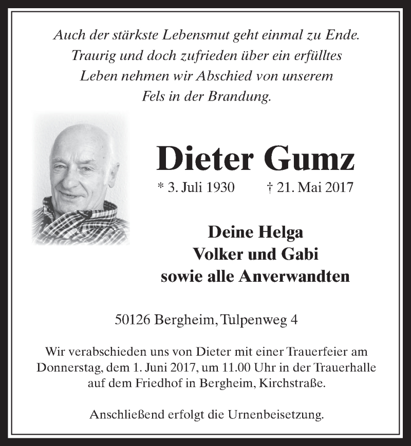  Traueranzeige für Dieter Gumz vom 31.05.2017 aus  Werbepost 