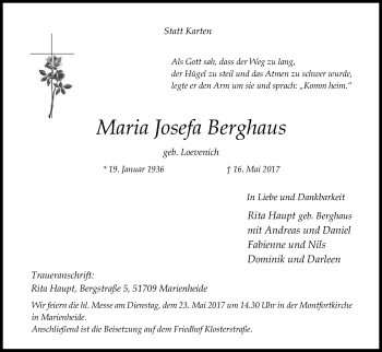 Anzeige von Maria Josefa Berghaus von Kölner Stadt-Anzeiger / Kölnische Rundschau / Express