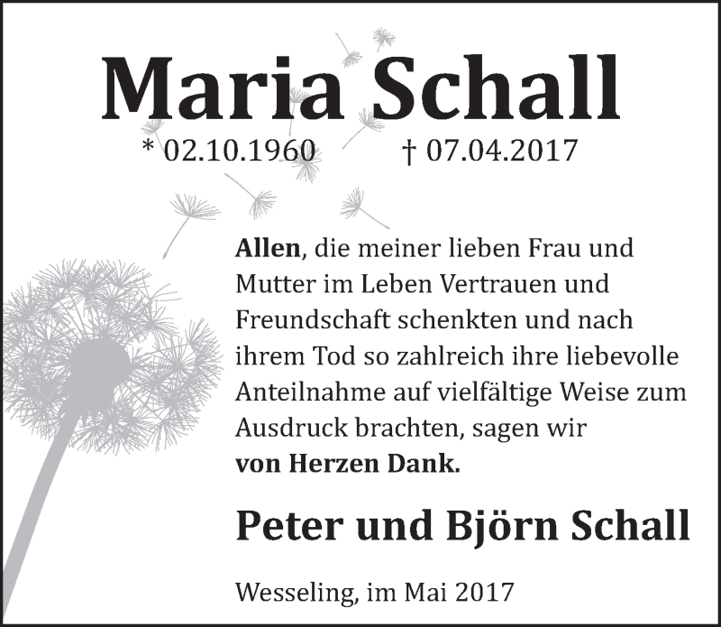  Traueranzeige für Maria Schall vom 17.05.2017 aus  Schlossbote/Werbekurier 