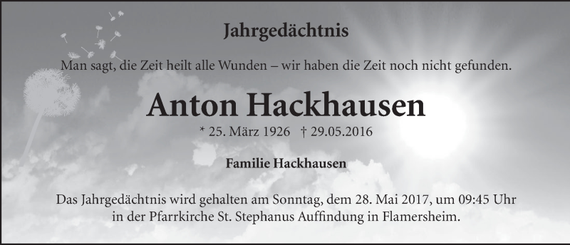  Traueranzeige für Anton Hackhausen vom 20.05.2017 aus  Blickpunkt Euskirchen 